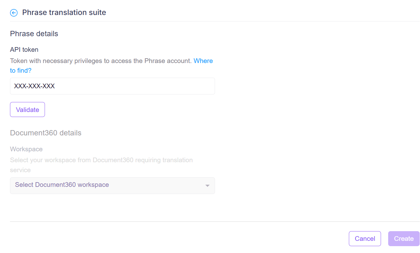API token input field for Phrase translation suite with validation button and workspace selection.