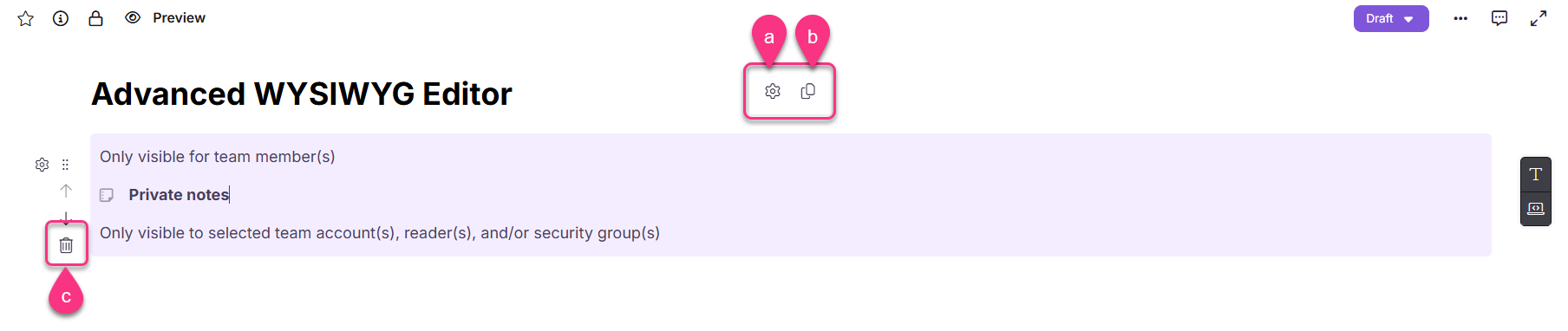 Advanced WYSIWYG editor interface showing private notes and team visibility options.