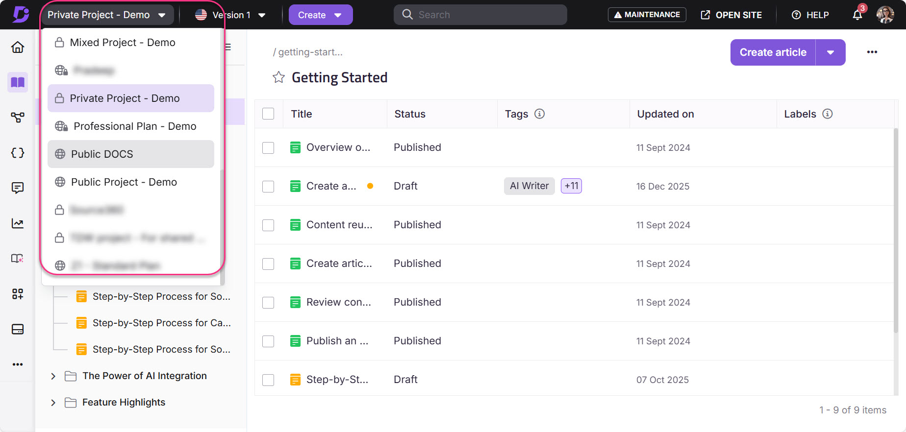 Project management interface displaying various project statuses and options for creating articles.