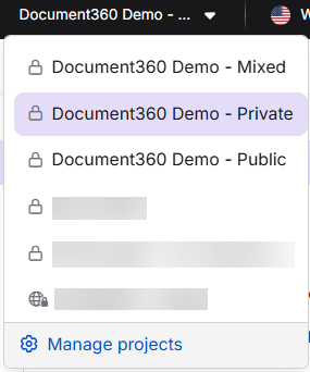 Project dropdown in the top navigation bar showing multiple projects with their access type labels
