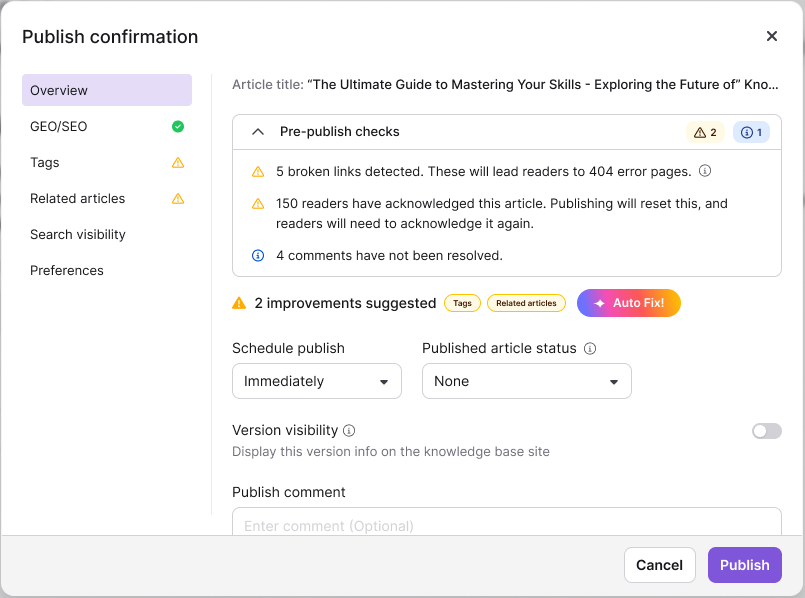 Publish confirmation dialog in the article editor showing the Overview panel