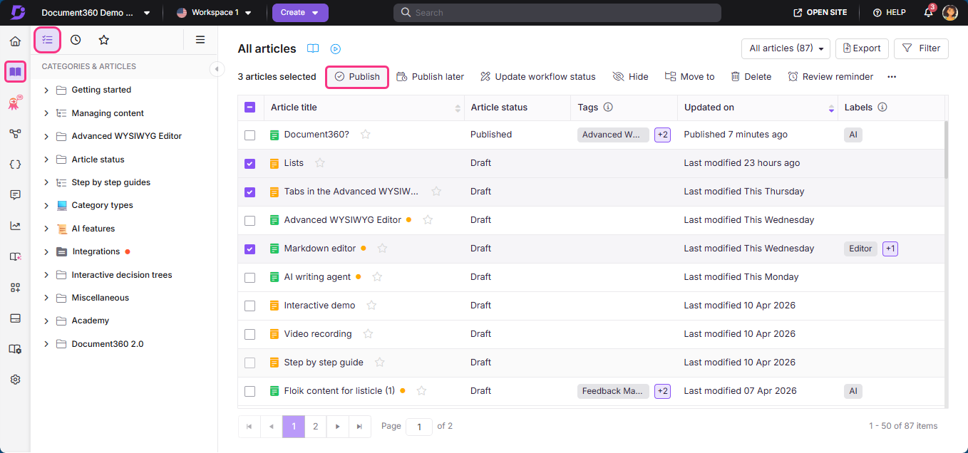 Document360 interface showing articles with options to publish and manage content.