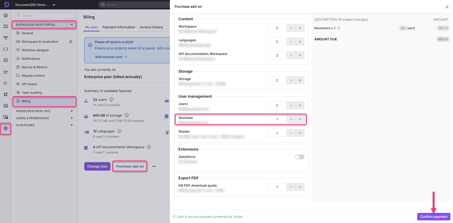Billing section showing add-on purchase options and amount due for reviewers.