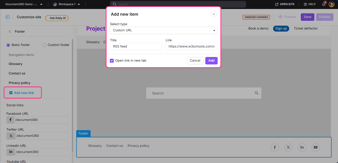 Adding a new custom URL link in the footer section of a website.