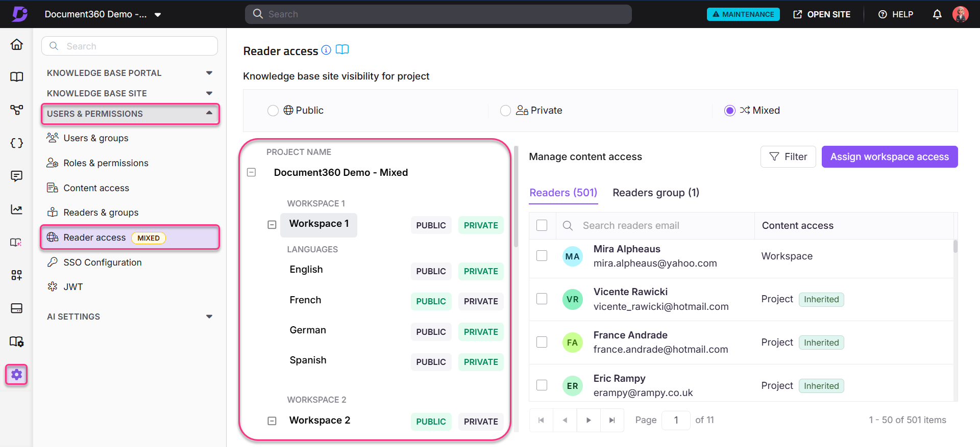 Document360 project settings showing user permissions and workspace access options.