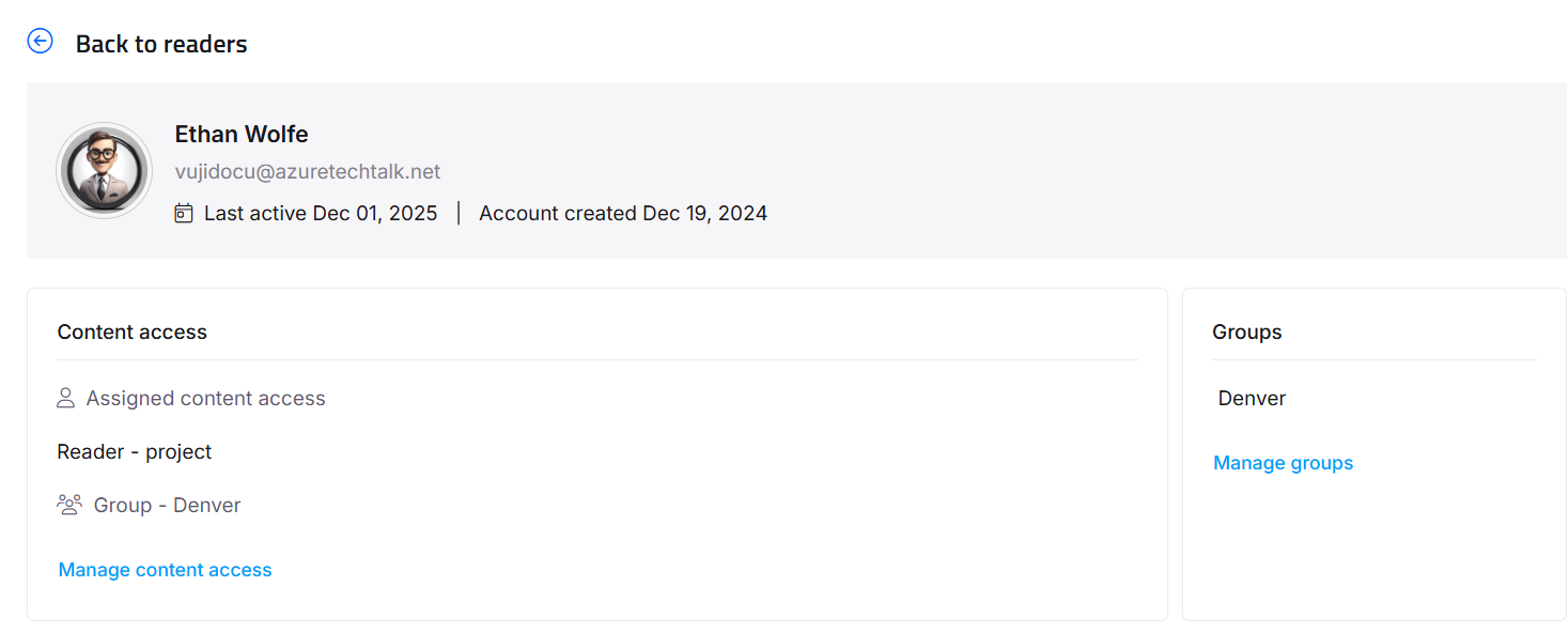 User profile for Ethan Wolfe, showing access details and group information.