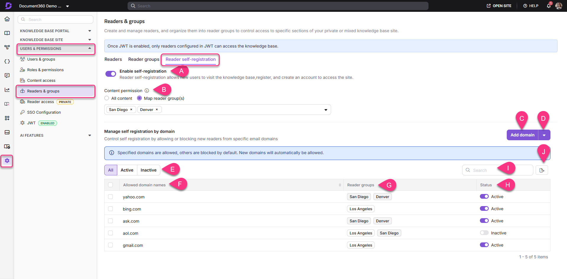 Settings for reader self-registration and domain management in a knowledge base system.