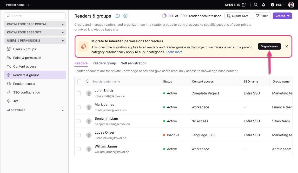 Instructions for migrating reader permissions with a highlighted action button.