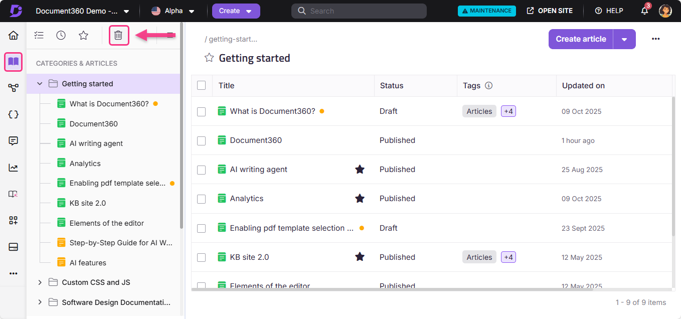 Document360 interface showing article management with highlighted delete option.