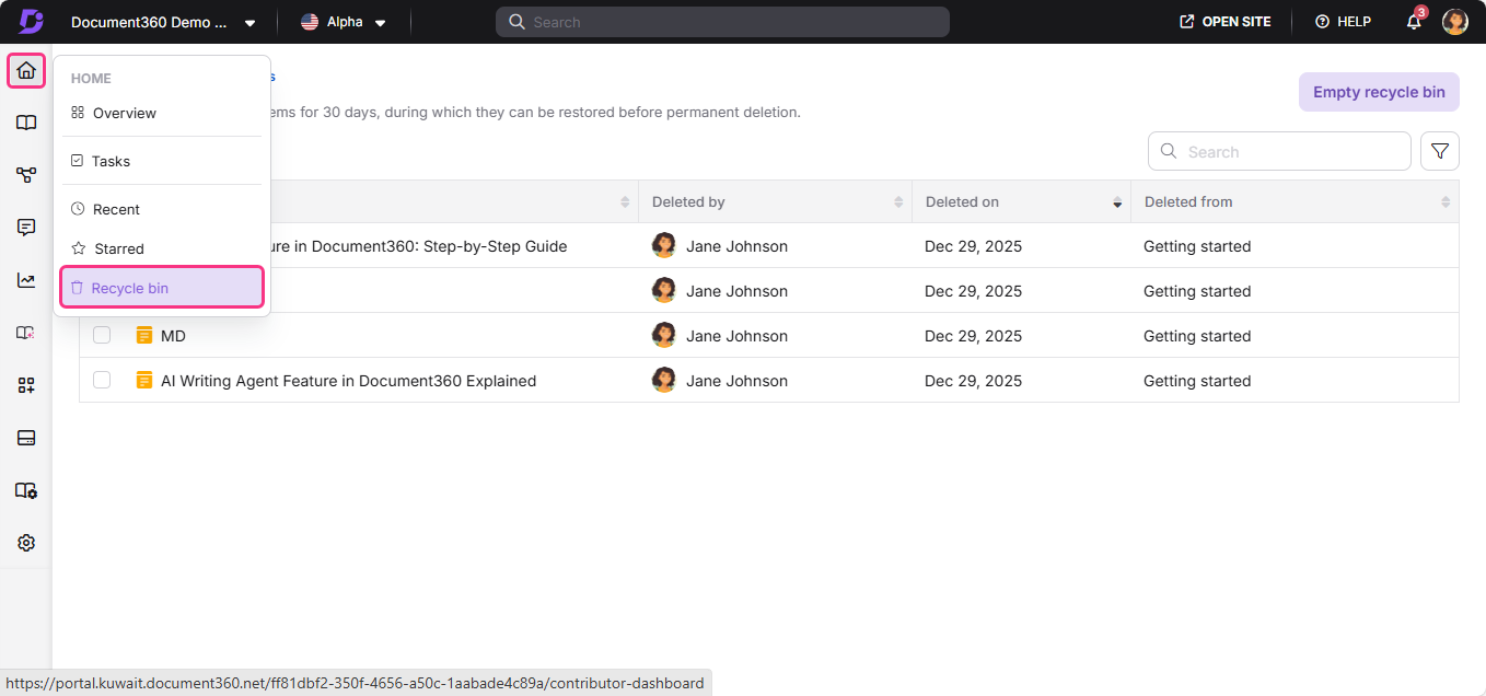 Document360 interface showing the recycle bin and deleted items list.