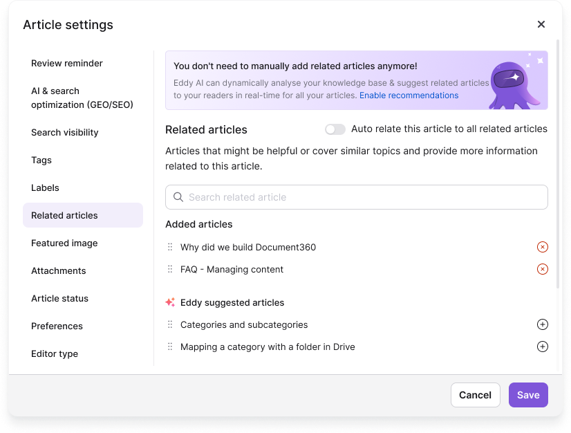 Related articles tab in the Article settings panel showing search and Eddy AI options