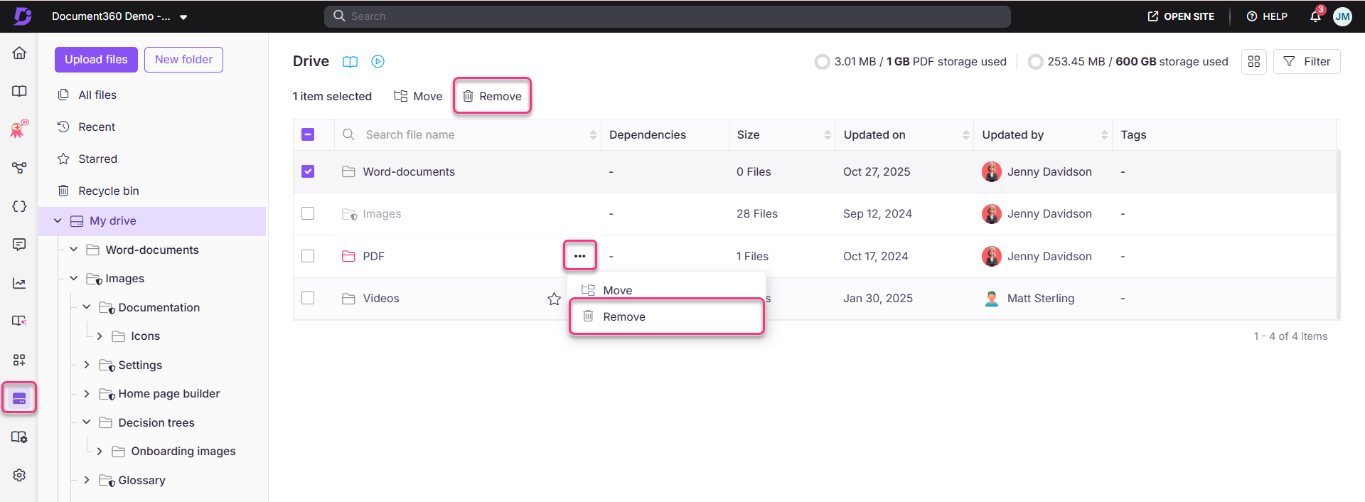 Document360 interface showing file management options like remove and move for selected items.