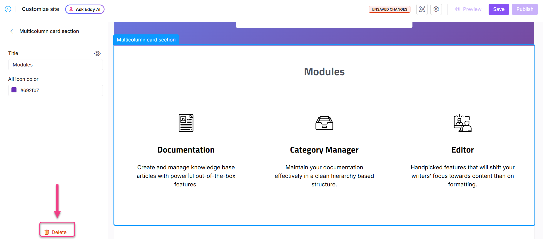User interface showing modules for documentation, category management, and editing features.