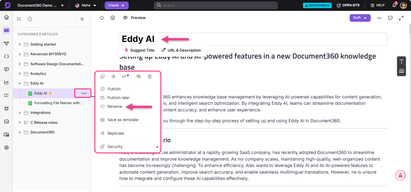 Eddy AI features highlighted in Document360 knowledge base management interface.