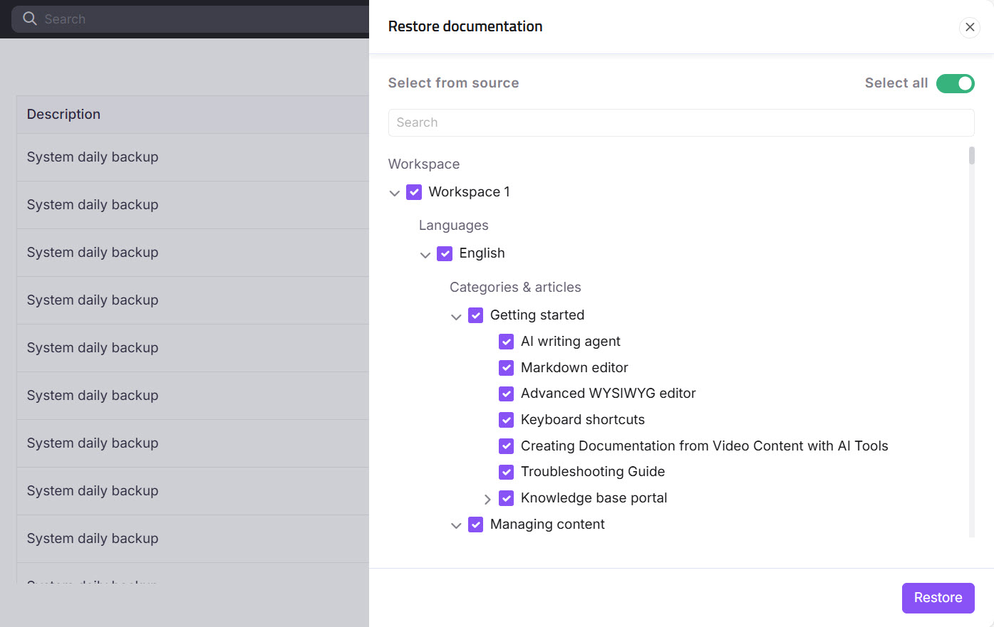 Restore documentation interface showing workspace selection and categories for backup options.