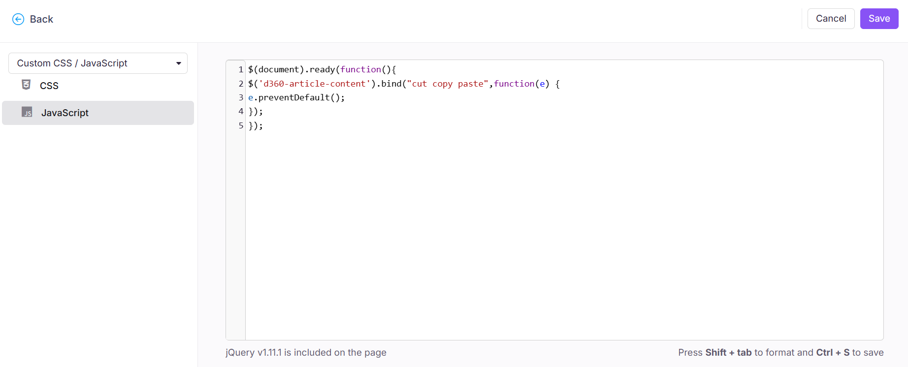 JavaScript code snippet preventing cut, copy, and paste actions in a web application.