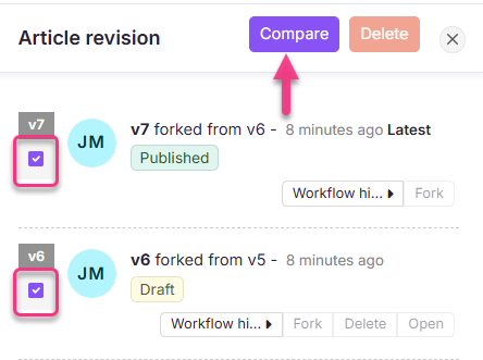 Comparison of article revisions showing published and draft statuses with action buttons.