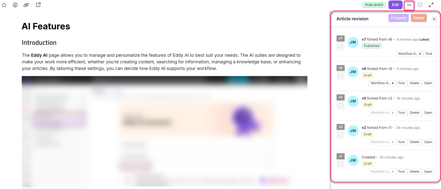 Overview of Eddy AI features and article revision options for efficient content management.