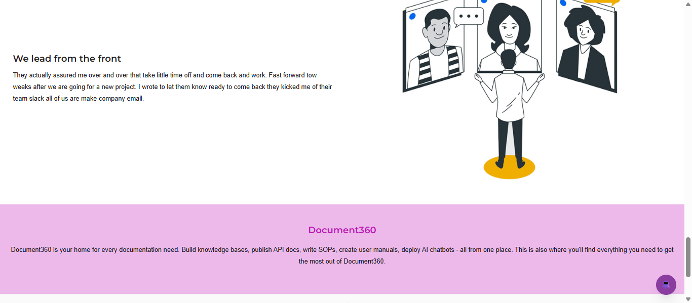 Knowledge base site showing a Rich text block with a heading and formatted paragraph content