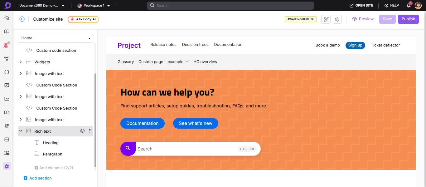 Home page builder showing a Rich text block with Heading and Paragraph elements expanded