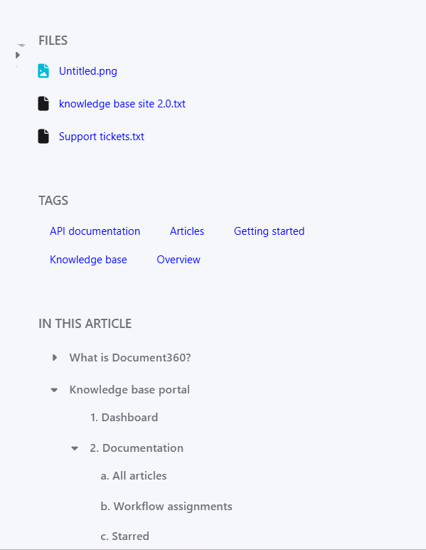 Right-side pane of the Knowledge base site showing Files, Tags, Related articles, and In this article sections.