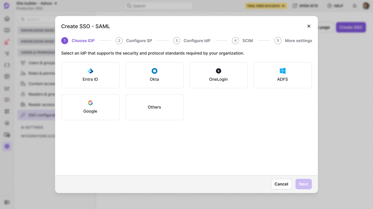 The identity provider options in the SAML setup wizard, with Okta available to select