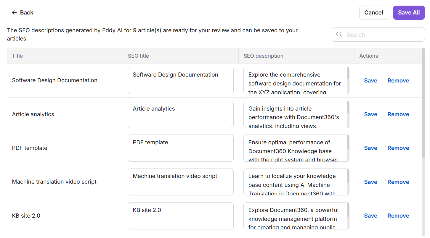 SEO descriptions for articles generated by Eddy AI, ready for review and saving.