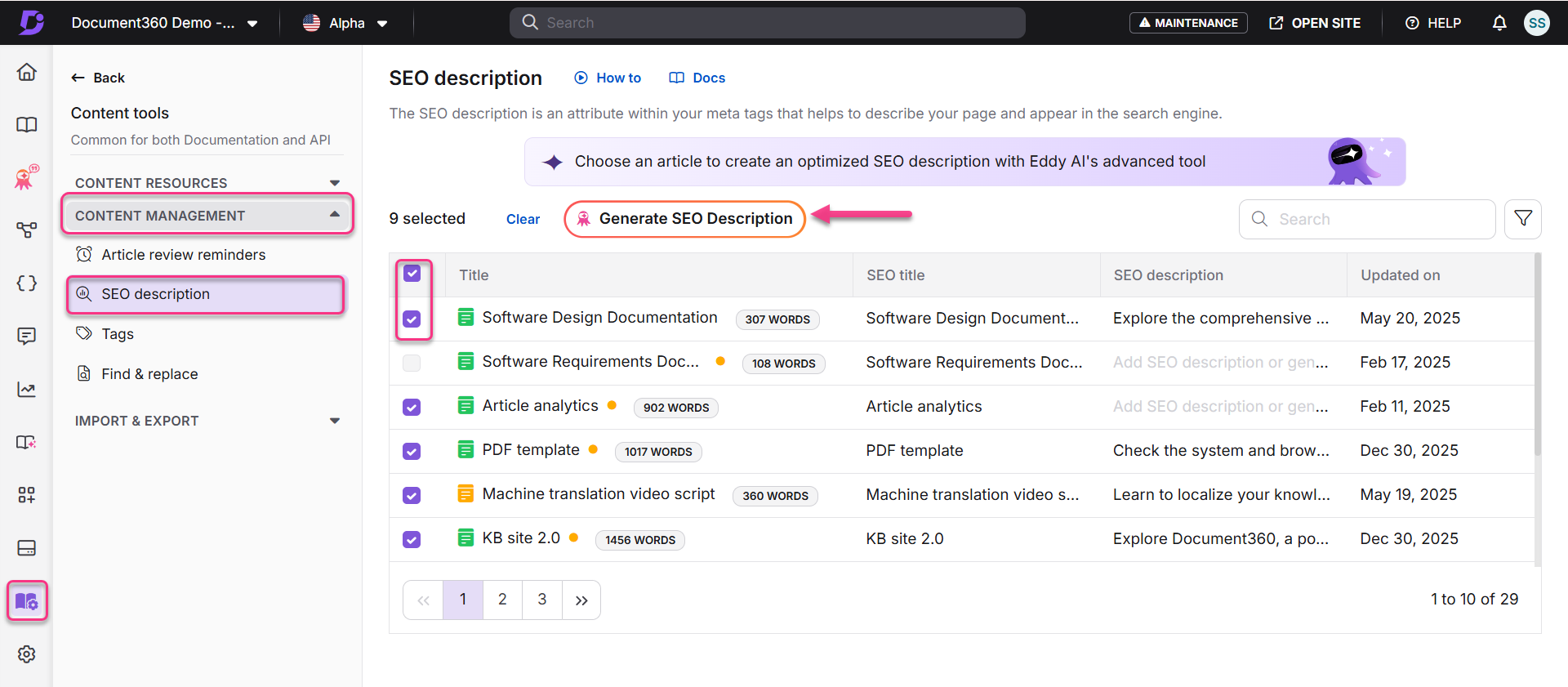 Interface showing SEO description generation for selected articles in Document360.