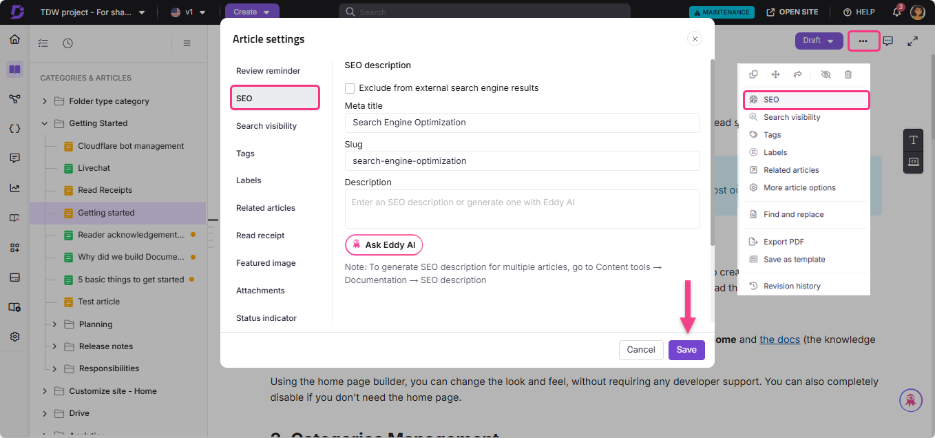 Settings menu for SEO with options for meta title, slug, and description.
