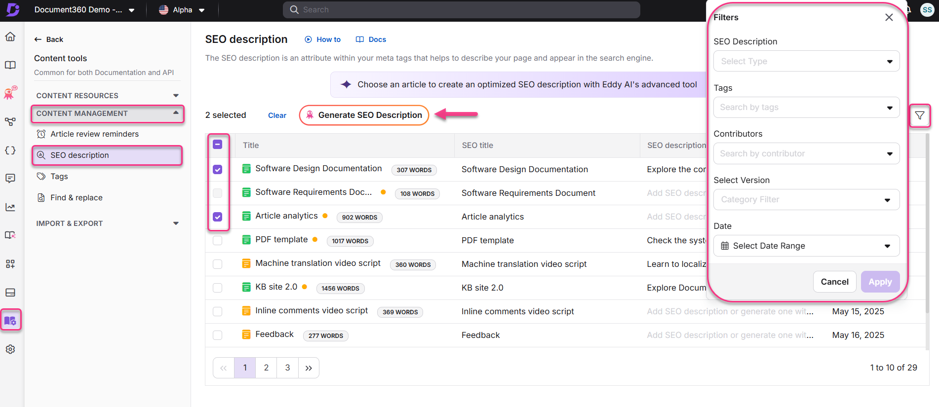 Interface showing SEO description generation with highlighted options and filters for content management.