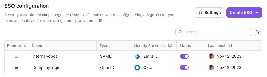 Settings menu showing option to disable Document360 login page in SSO configuration.