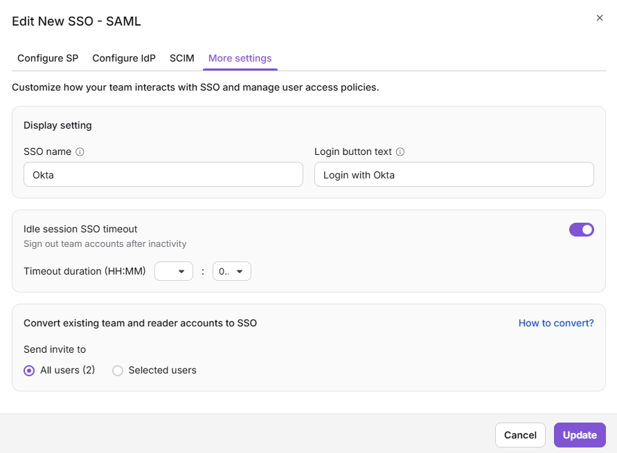 SSO configuration settings for managing user accounts and permissions in Okta.