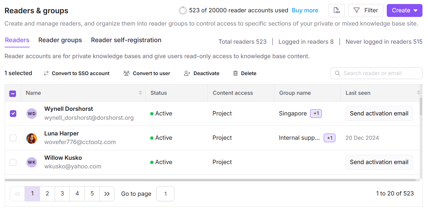 User management interface showing reader accounts and options for SSO conversion.