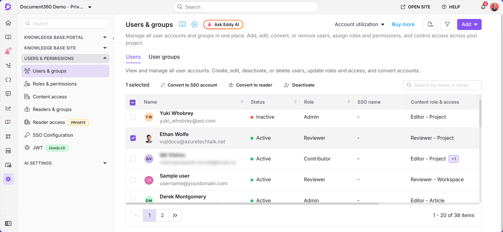 User management interface displaying account statuses and options for user roles.