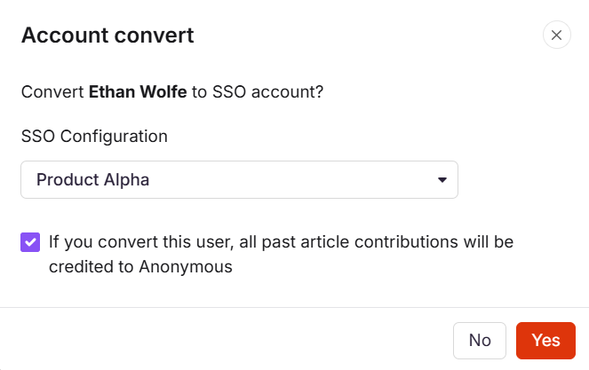 User account conversion prompt for Vitsy Agent to SSO account with options.