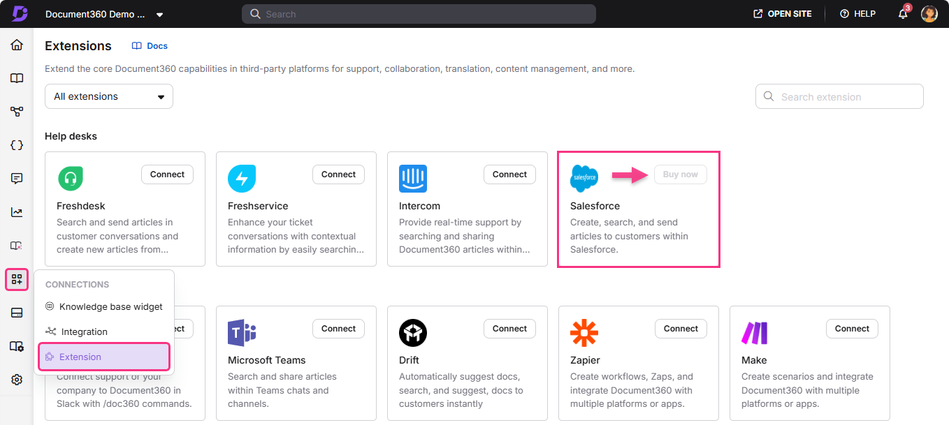Document360 extensions page highlighting Salesforce integration with a 'Buy now' button.
