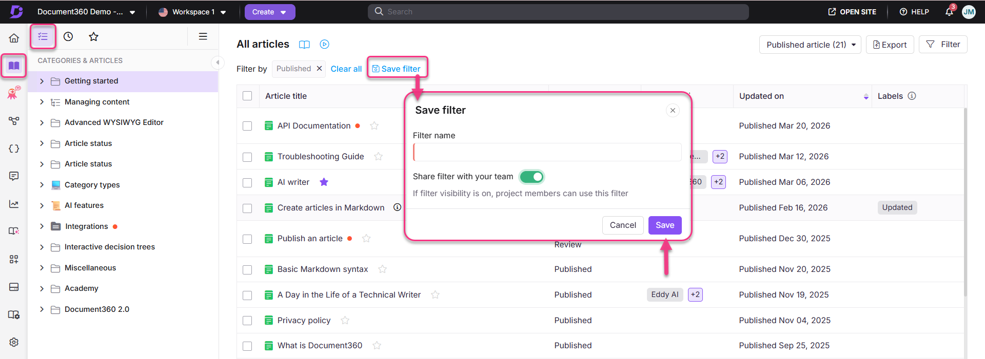 User interface showing article management with options to save filters and categories.