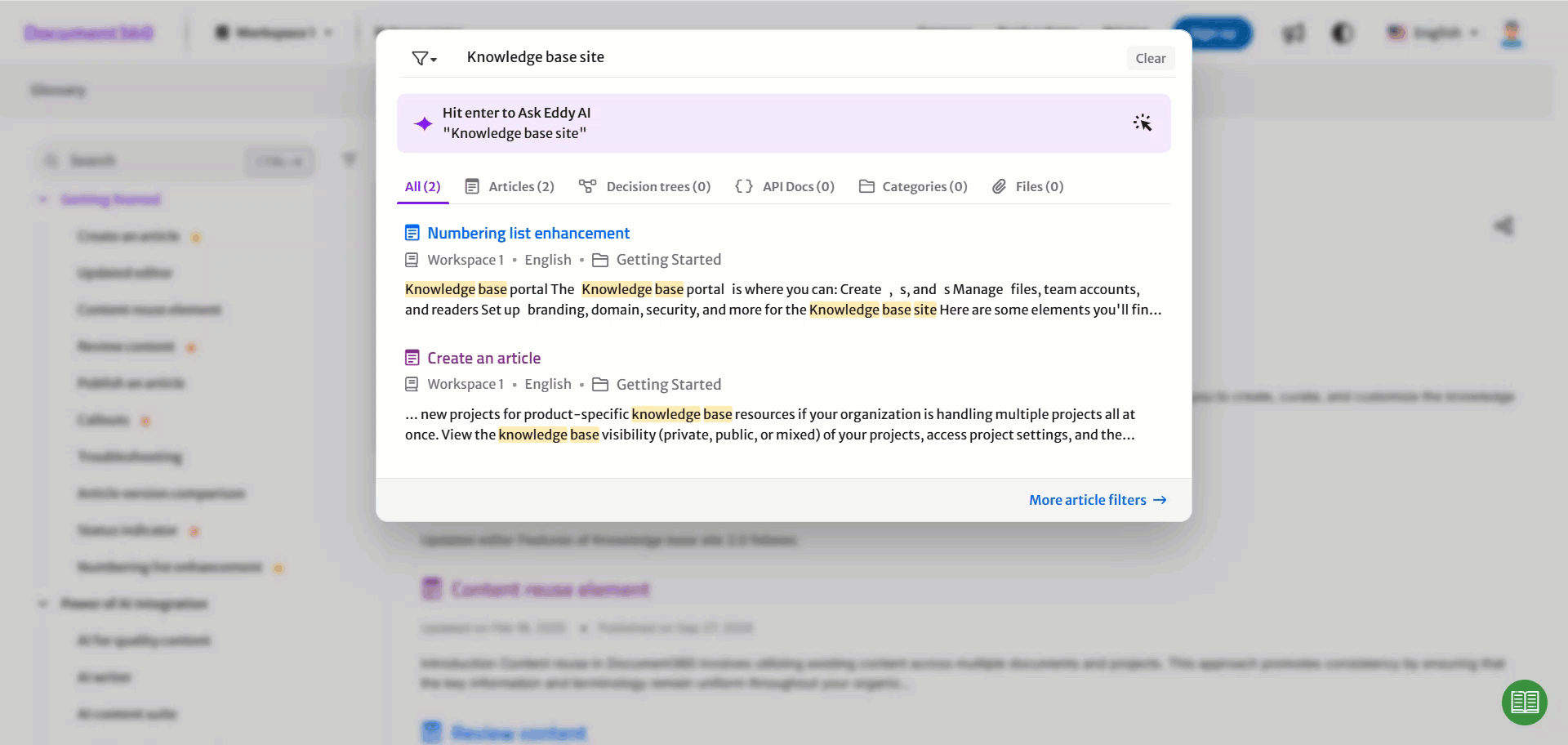 Accessing advanced search page in the Knowledge base site.