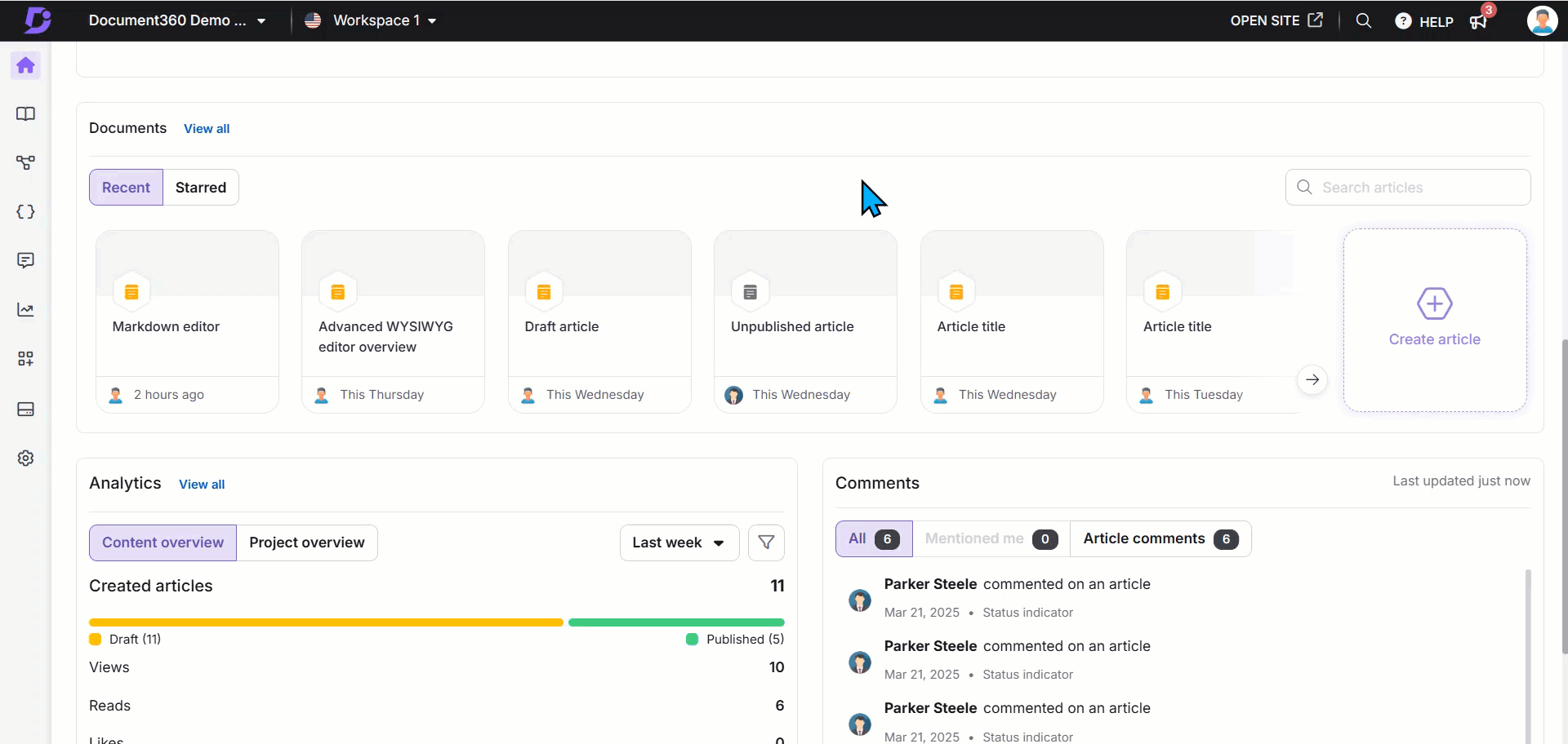 Creating an article from the Dashboard.