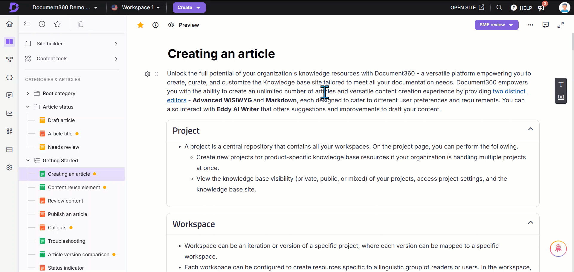 Publishing an article from the Knowledge base portal.