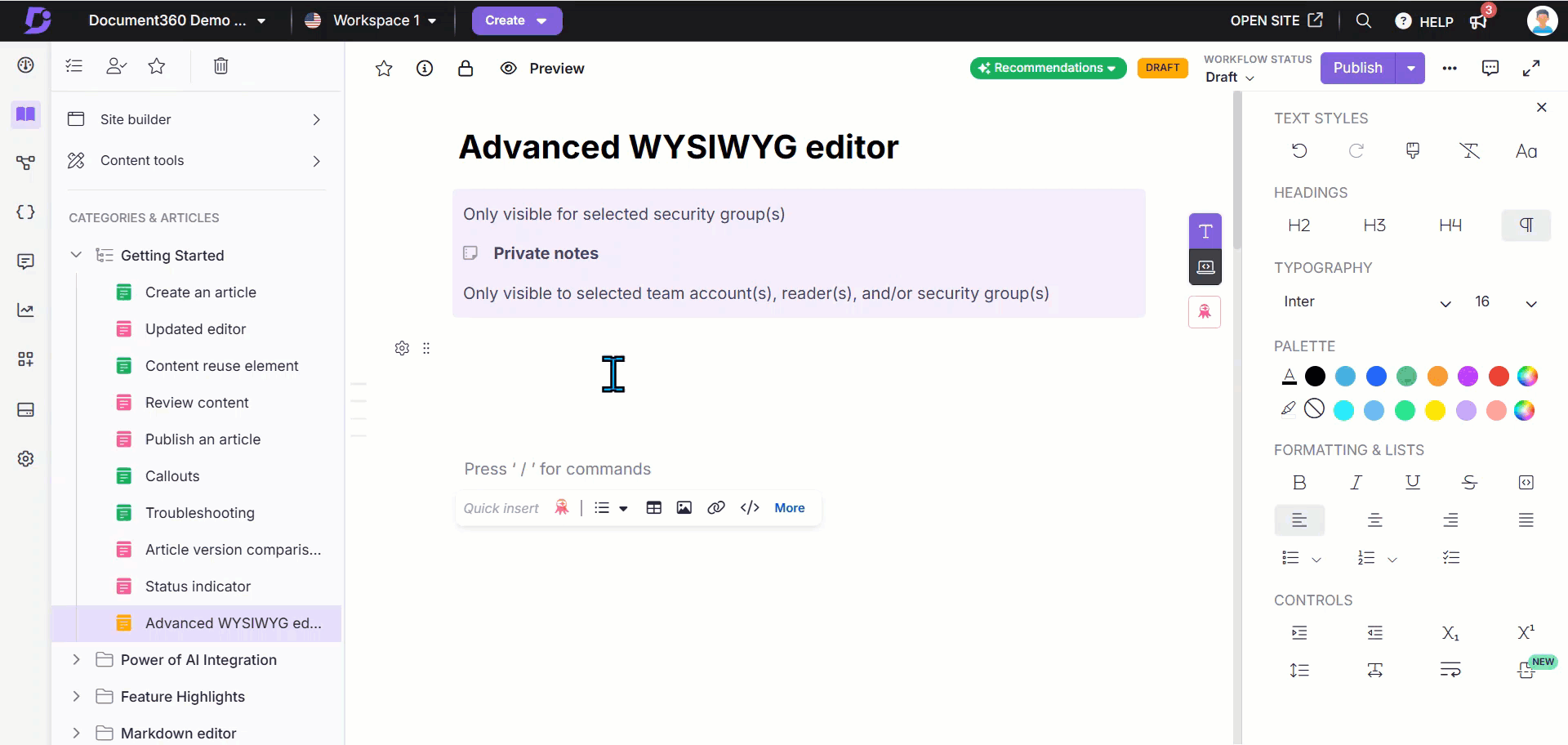 Accessing the visibility settings of a Private note in the Advanced WYSIWYG editor.