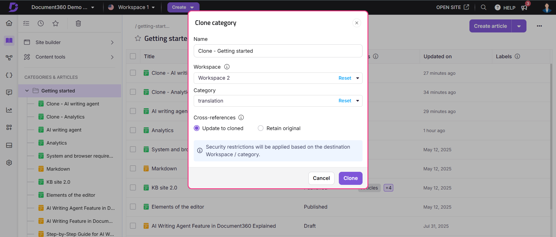 Cloning a category in Document360 with workspace and category options displayed.
