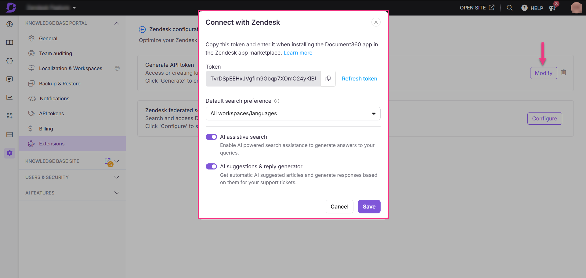 Connecting Zendesk with Document360, including API token and search preferences settings.
