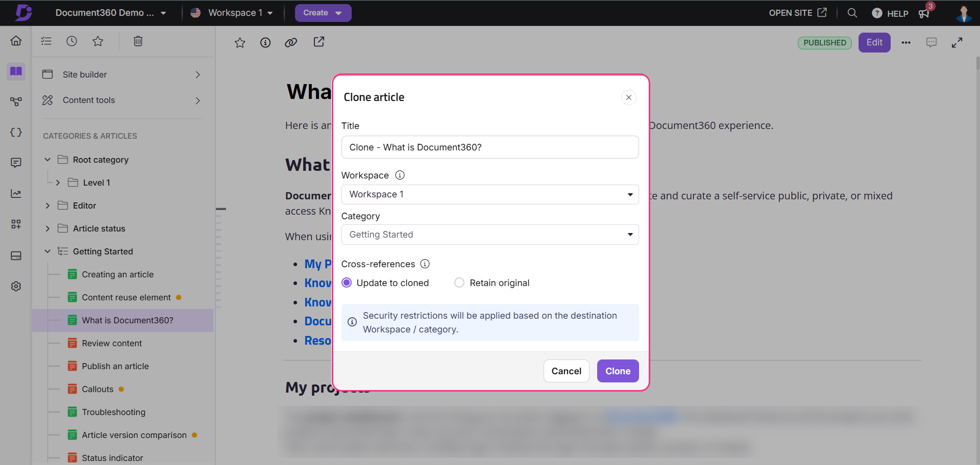 Cloning an article in Document360 with workspace and category selection options displayed.