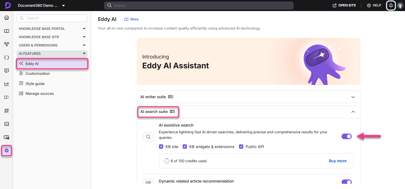 Eddy AI Assistant interface showcasing AI search suite and assistive search features.
