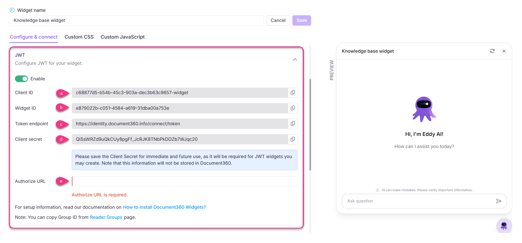 Configuration settings for a knowledge base widget including Client ID and Token endpoint.