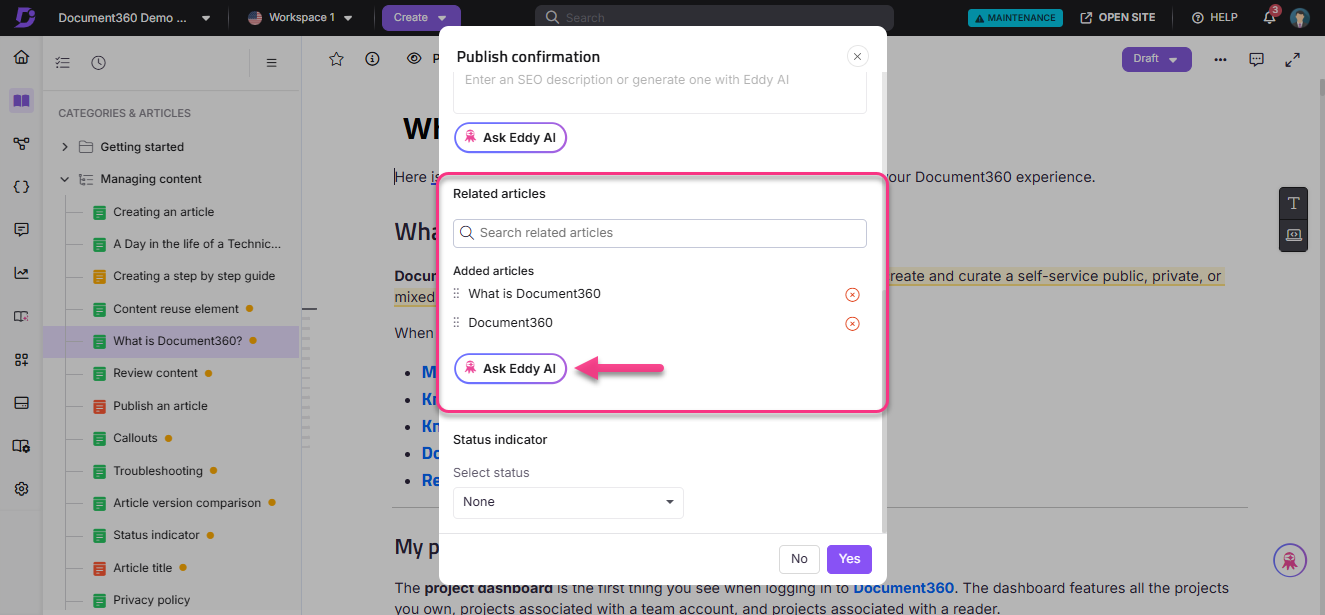 Publish confirmation window showing related articles and options to ask Eddy AI.