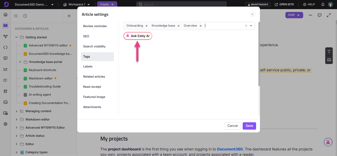 Settings menu showing article tags with highlighted 'Ask Eddy AI' option.