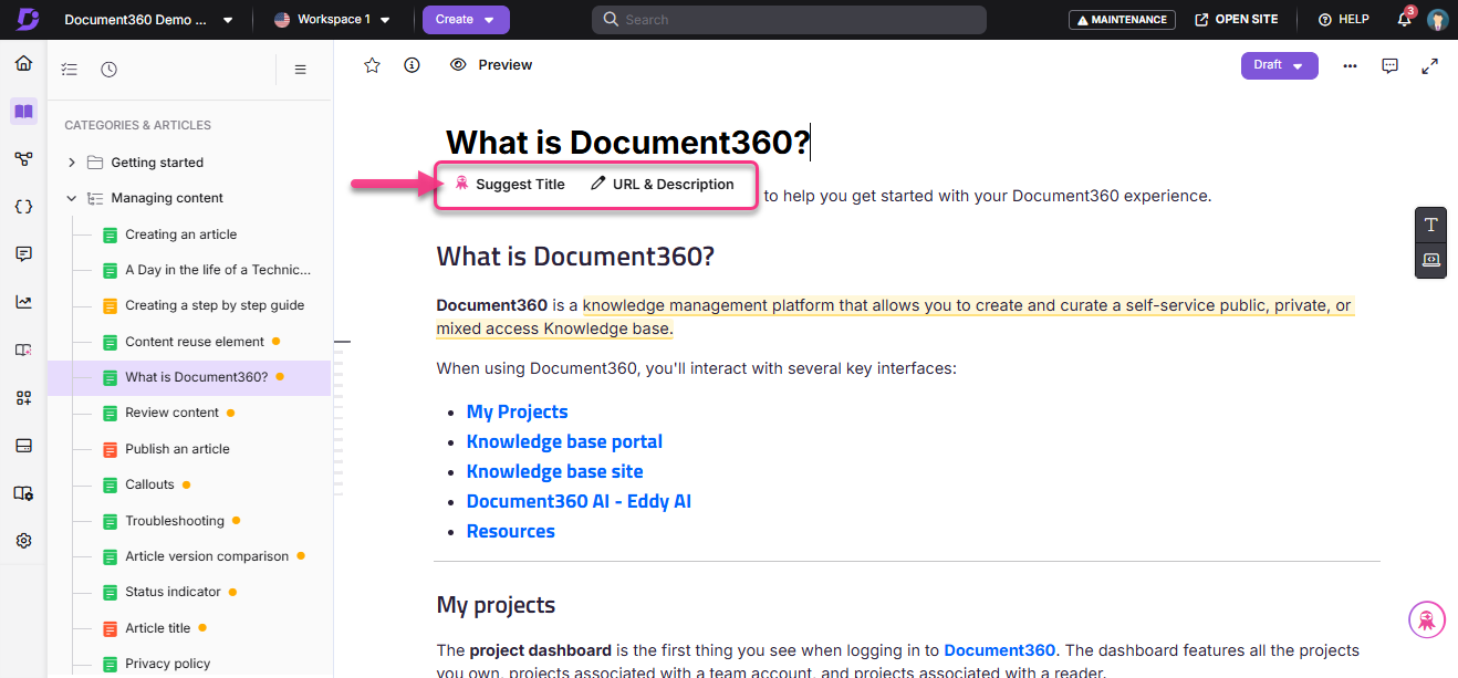 Document360 interface showcasing features like title suggestion and knowledge base management.