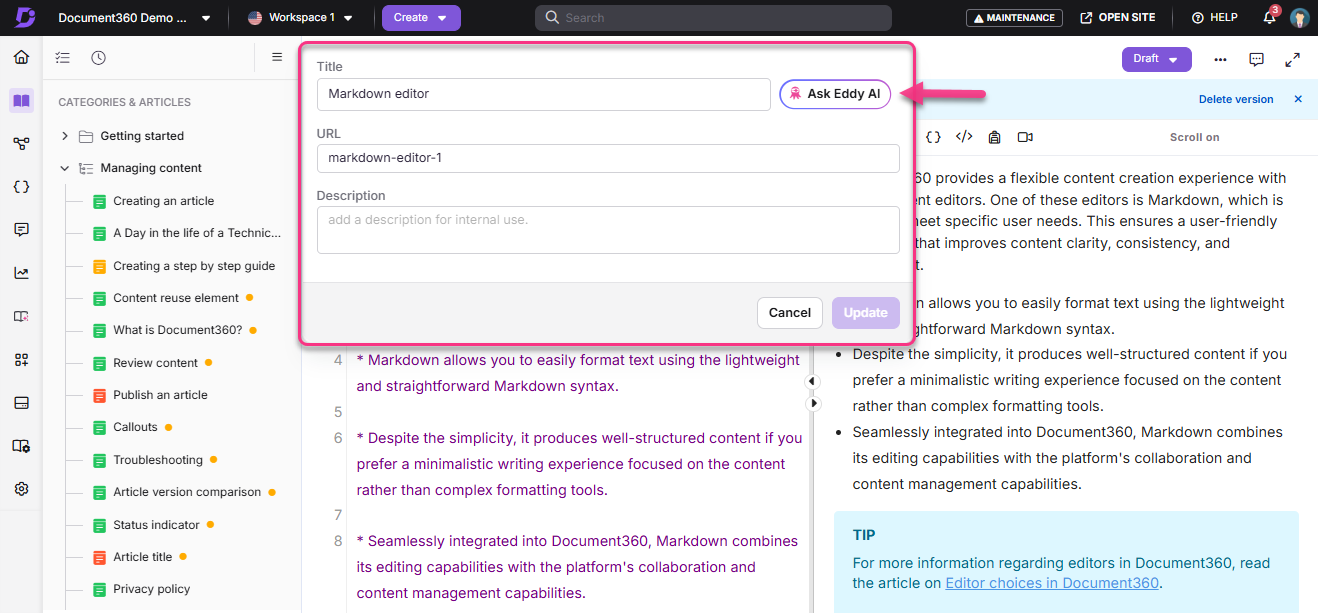 Markdown editor interface displaying title, URL, and description fields for content management.